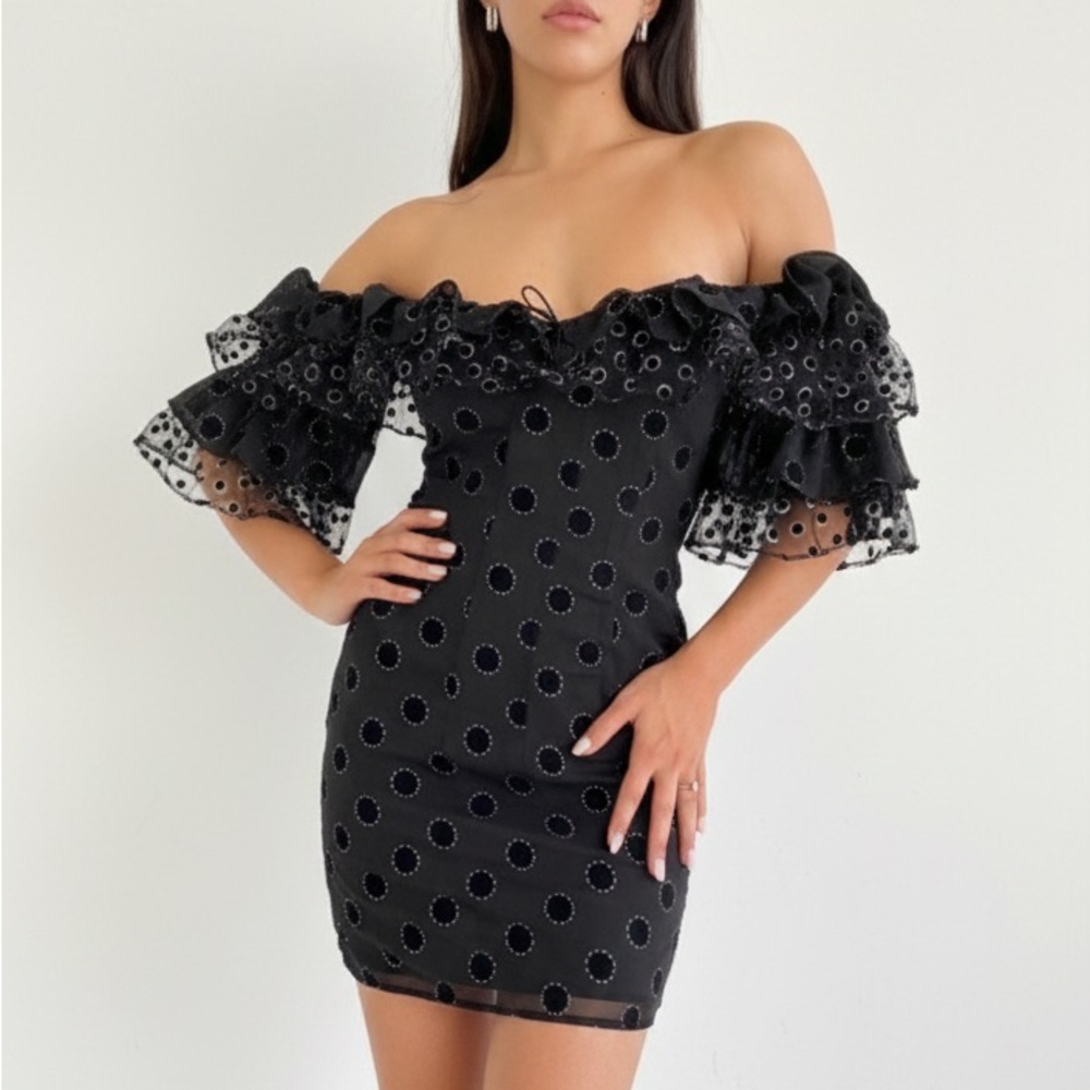 For Love & Lemons Adella Party Dress Black Polka Dot Ruffle Mini Small